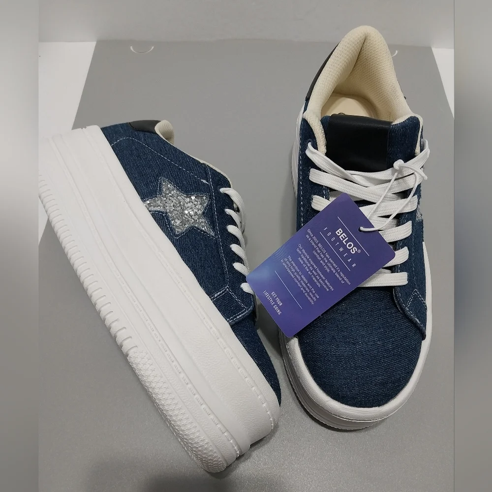 Belos Denim & Glitter Star Platform Sneakers, NWT, Size‎ 9| EUR 40